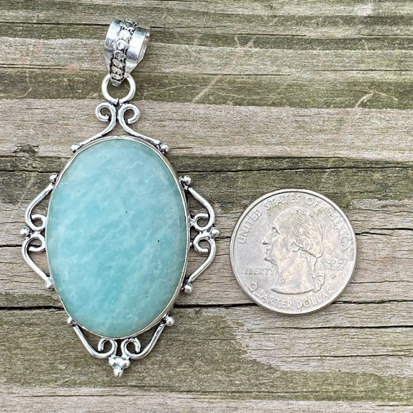 Large Genuine Amazonite pendant .925 Sterling Silver large natural Amazonite - Picture 5 of 9
